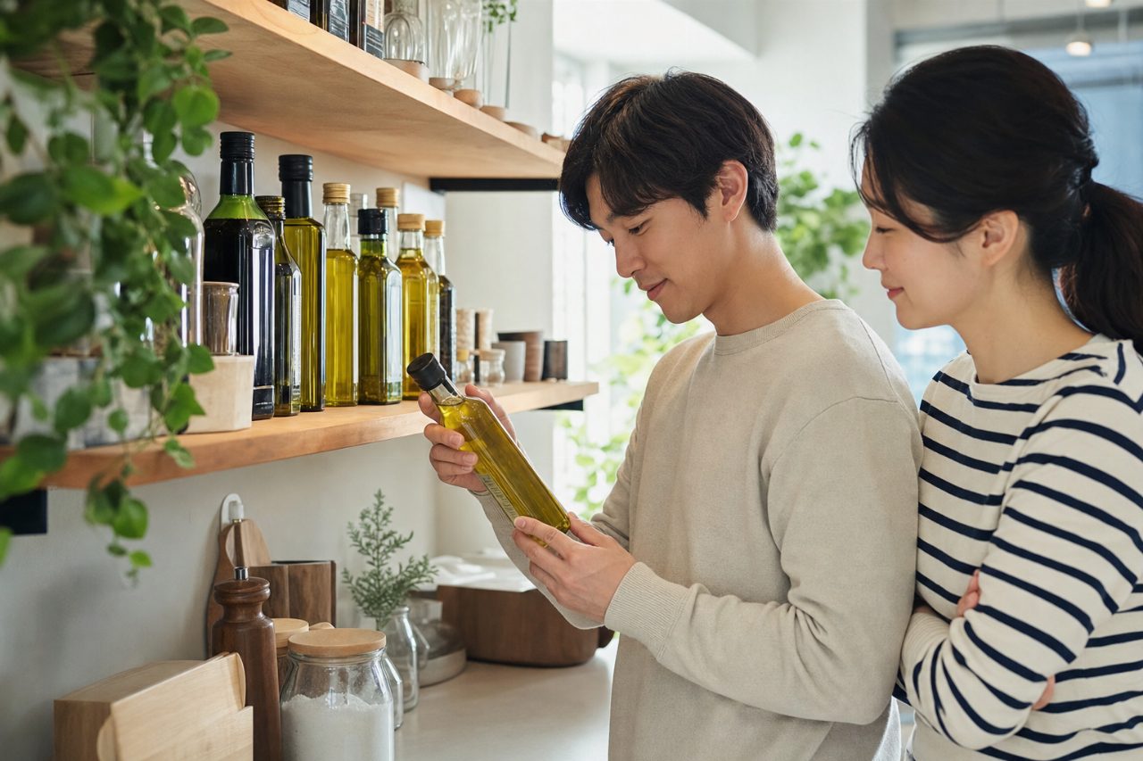 연한 빛이 드는 주방 선반 위의 다양한 식물성 기름들