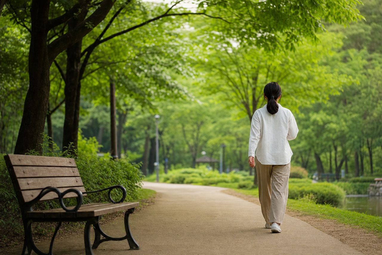 공원 벤치에서 스마트폰 없이 산책 중인 사람의 뒷모습이 보인다.