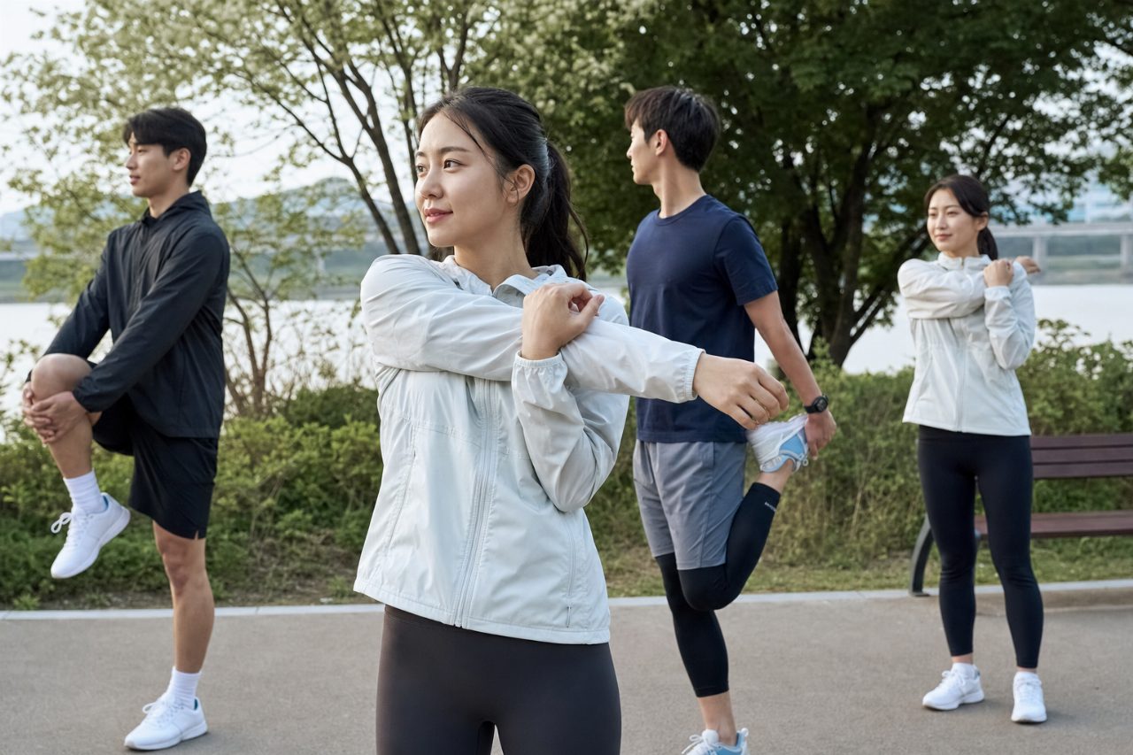 운동 전 준비 운동을 하는 모습