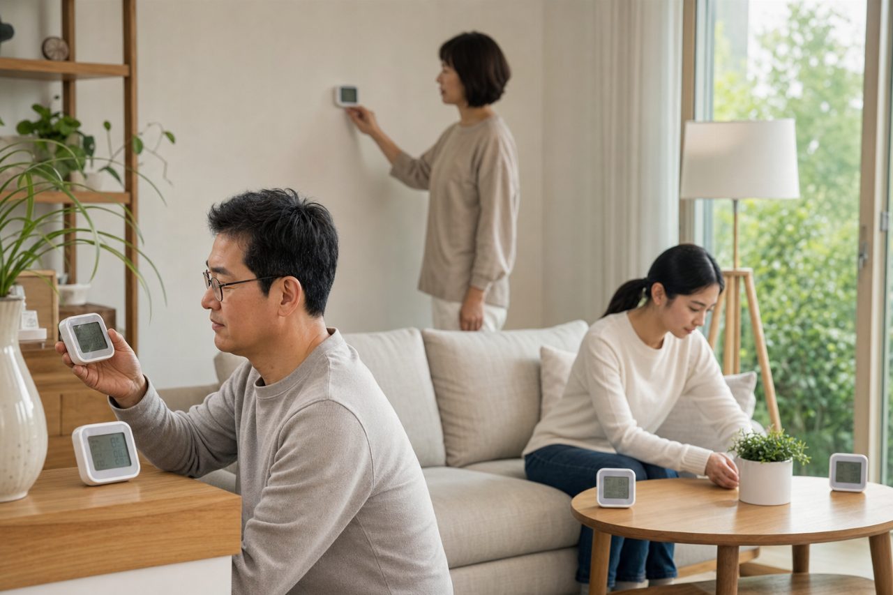 거실 곳곳에 온도계와 습도계가 놓여 실내 환경을 점검하는 모습