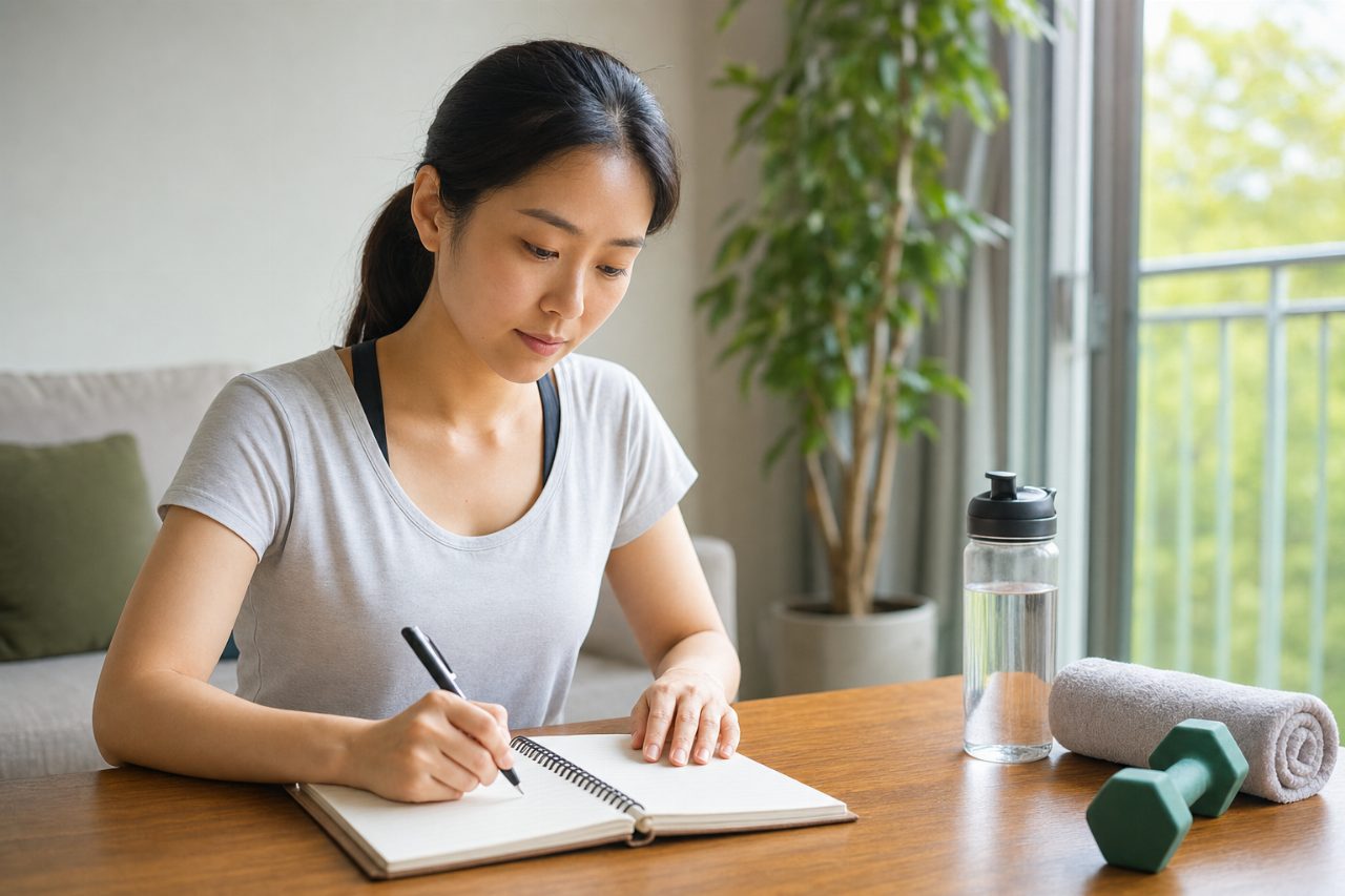 운동 일지를 작성하는 모습, 노트와 펜, 물병이 테이블에 놓여 있음