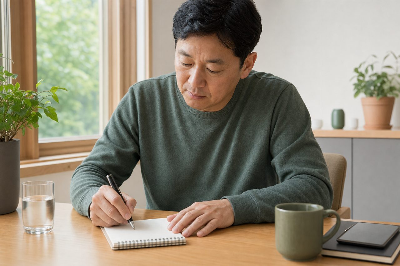 책상 위에 메모지와 펜, 하루 금연·절주 기록이 놓여 있는 모습