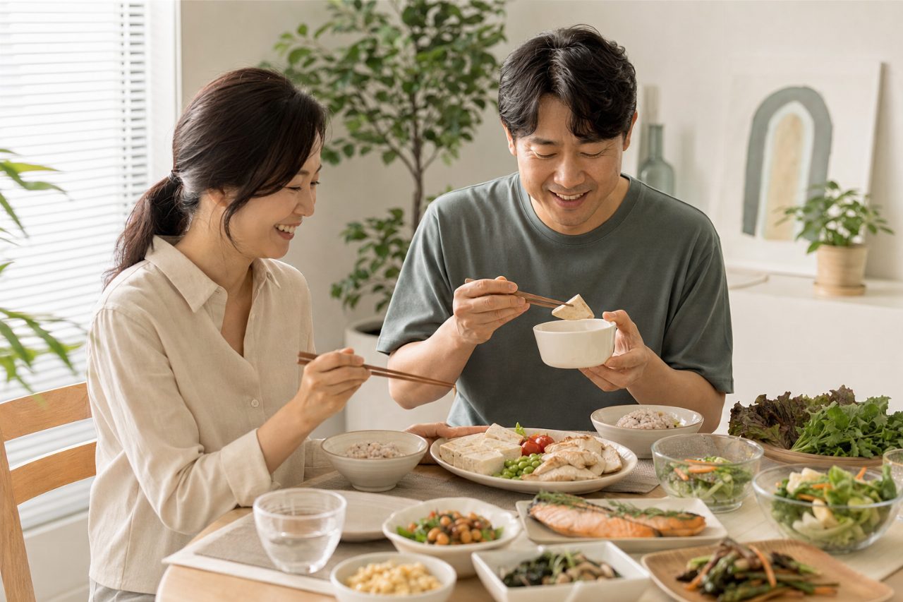 여러 단백질 식품이 담긴 다양한 한 끼 식사 모습