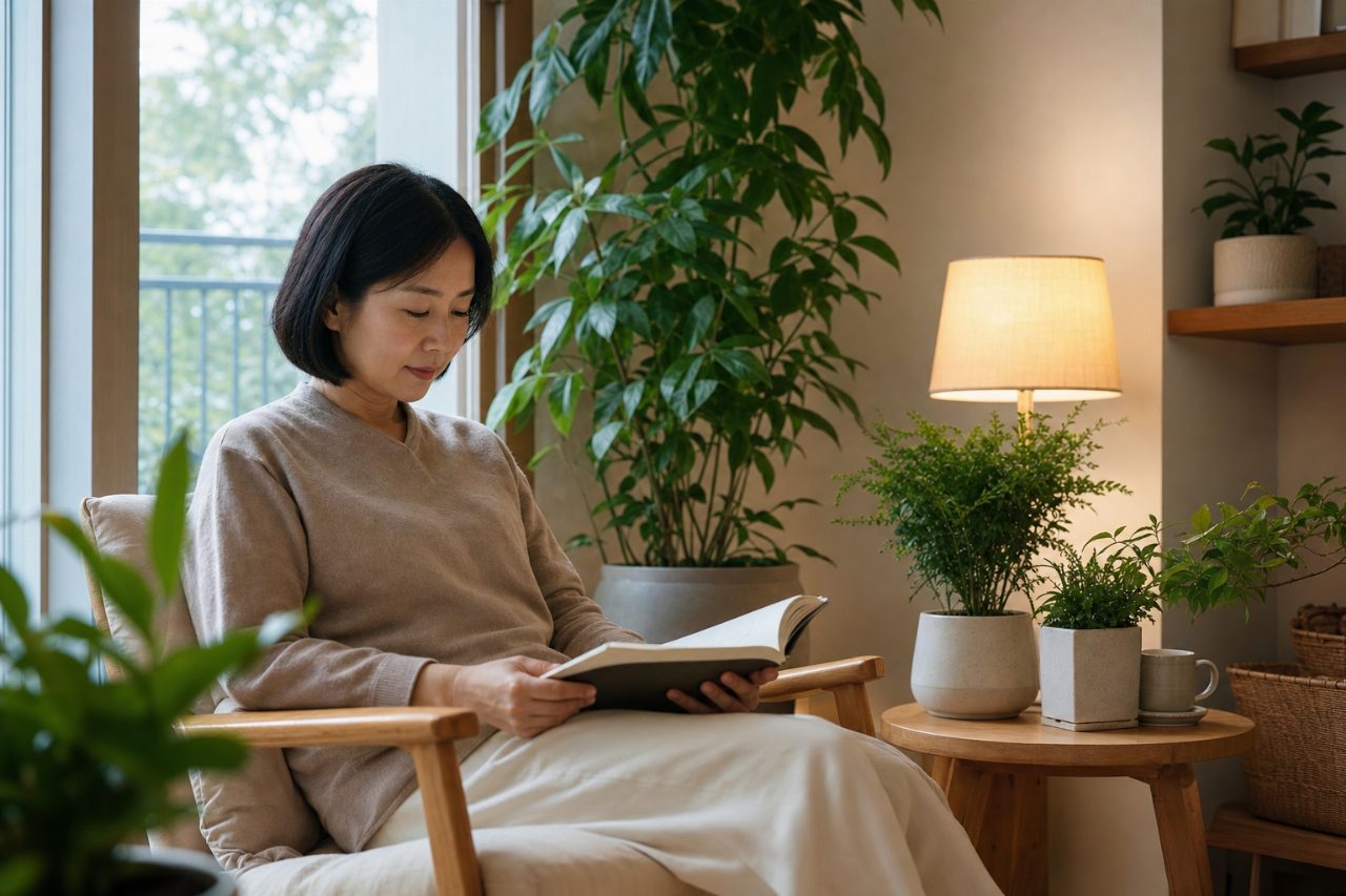 마음의 긴장을 풀어주는 푸른 식물과 편안한 조명